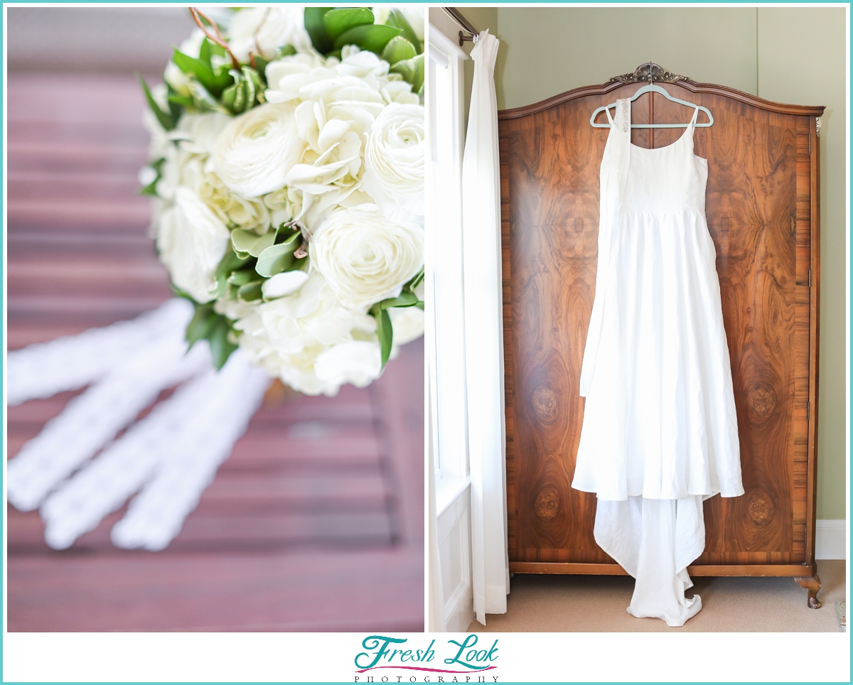 wedding dress and bouquet