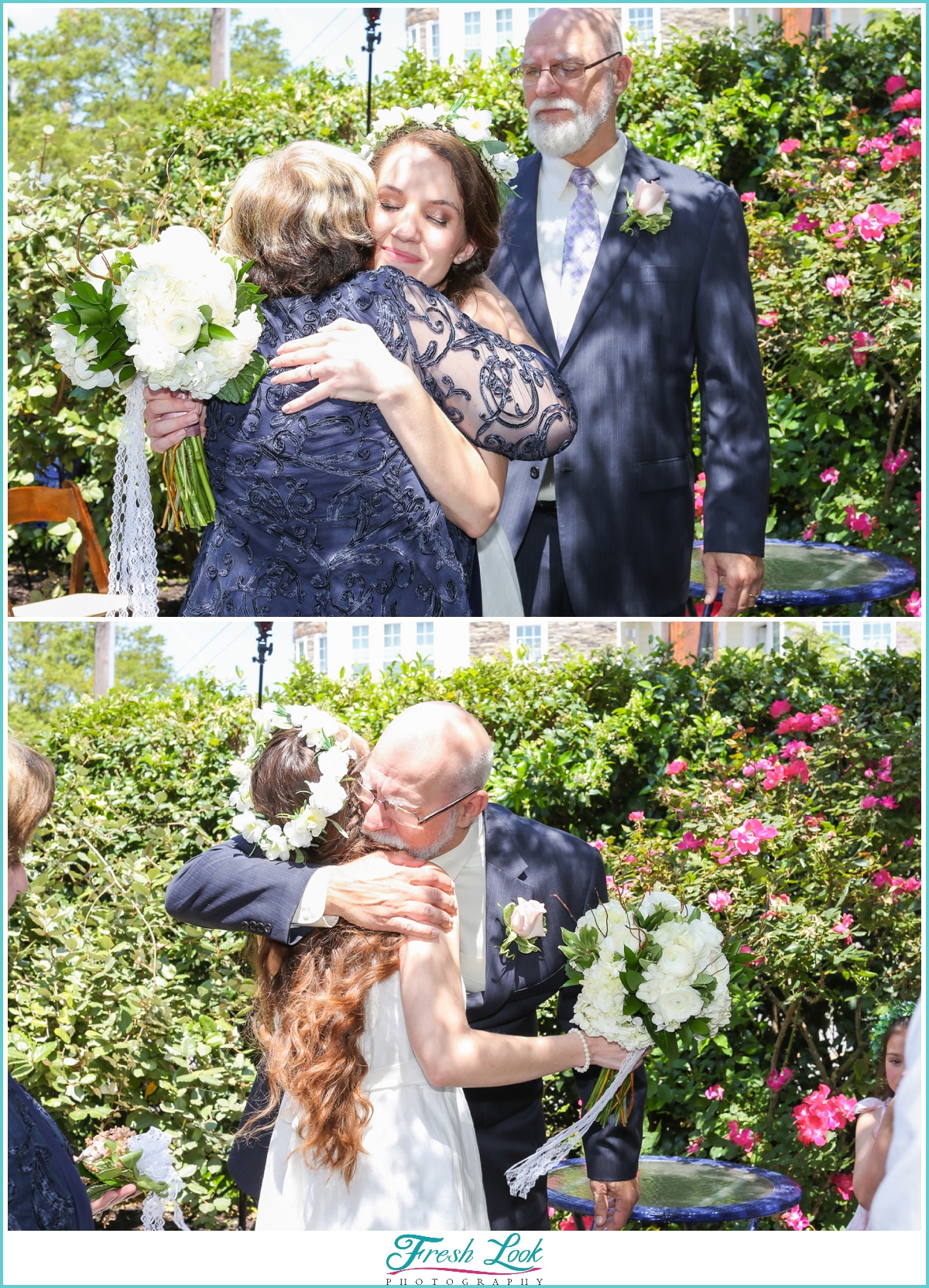 bride hugging her parents at the wedding