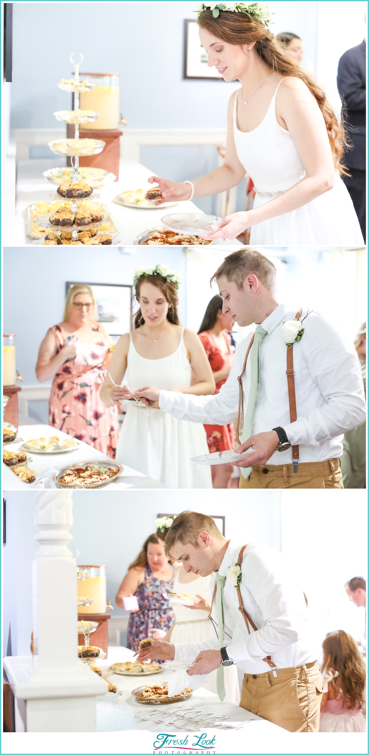 bride and groom eating food at reception