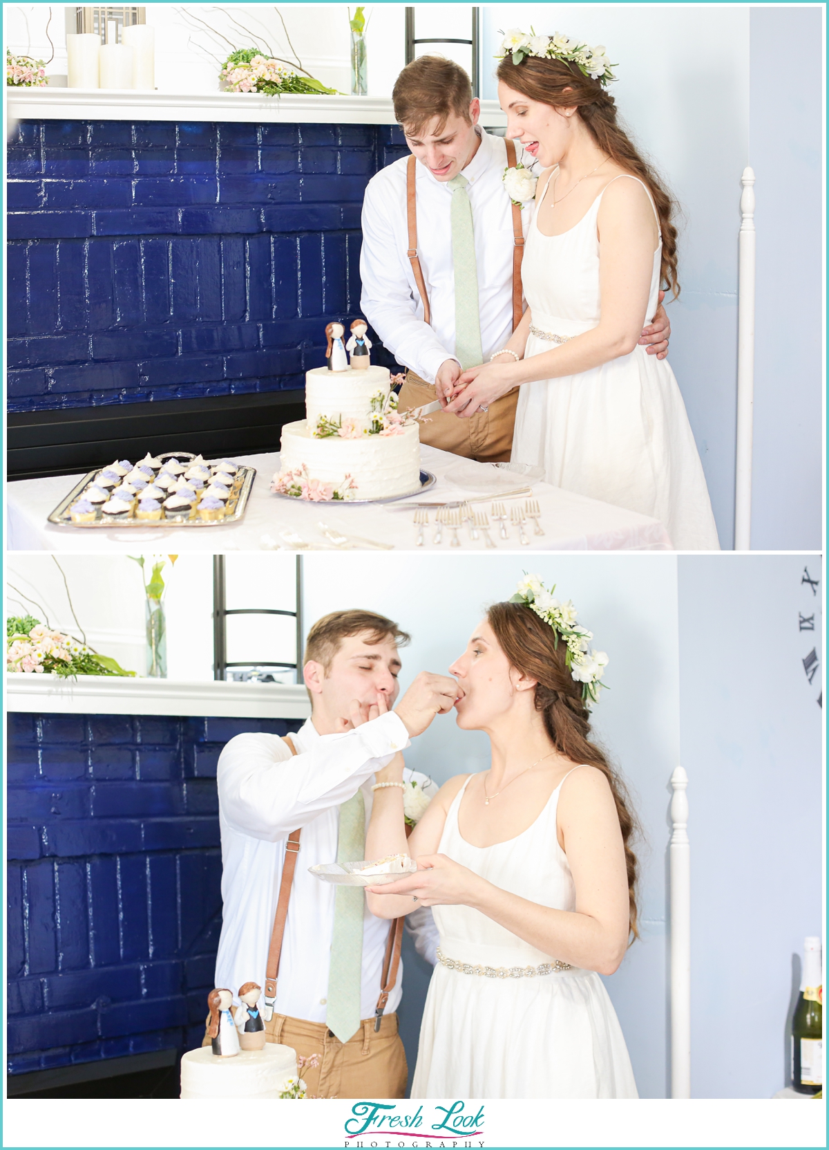 bride and groom cutting wedding cake