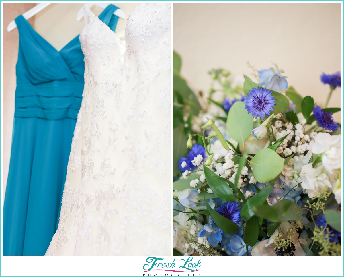 wedding gown and wedding bouquet