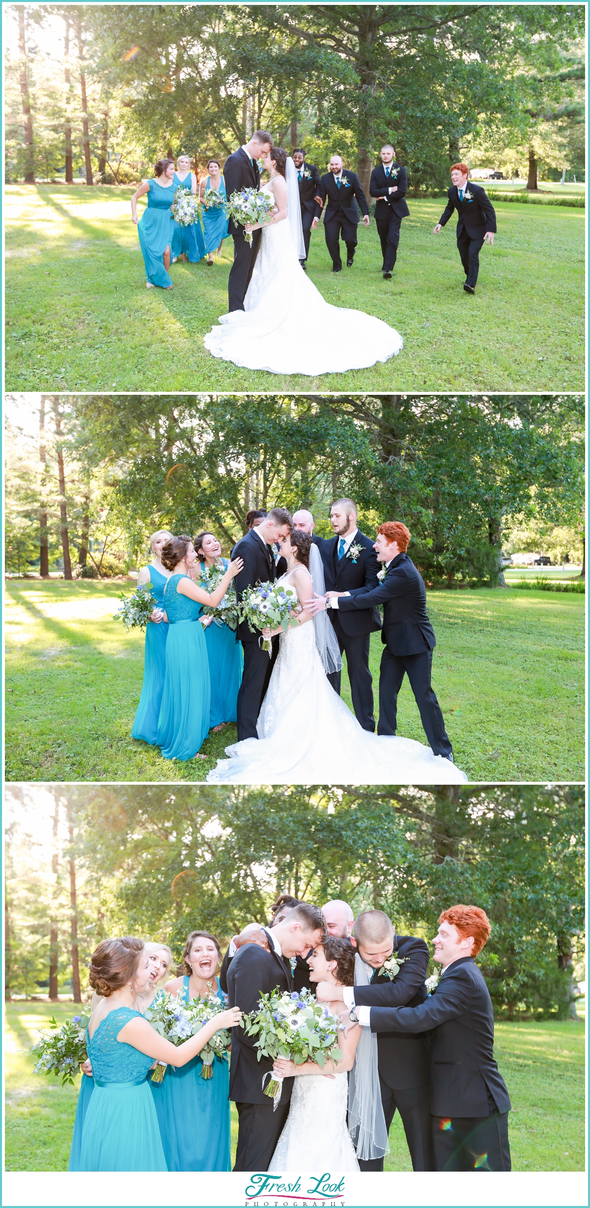 bridal party sneaking up on bride and groom