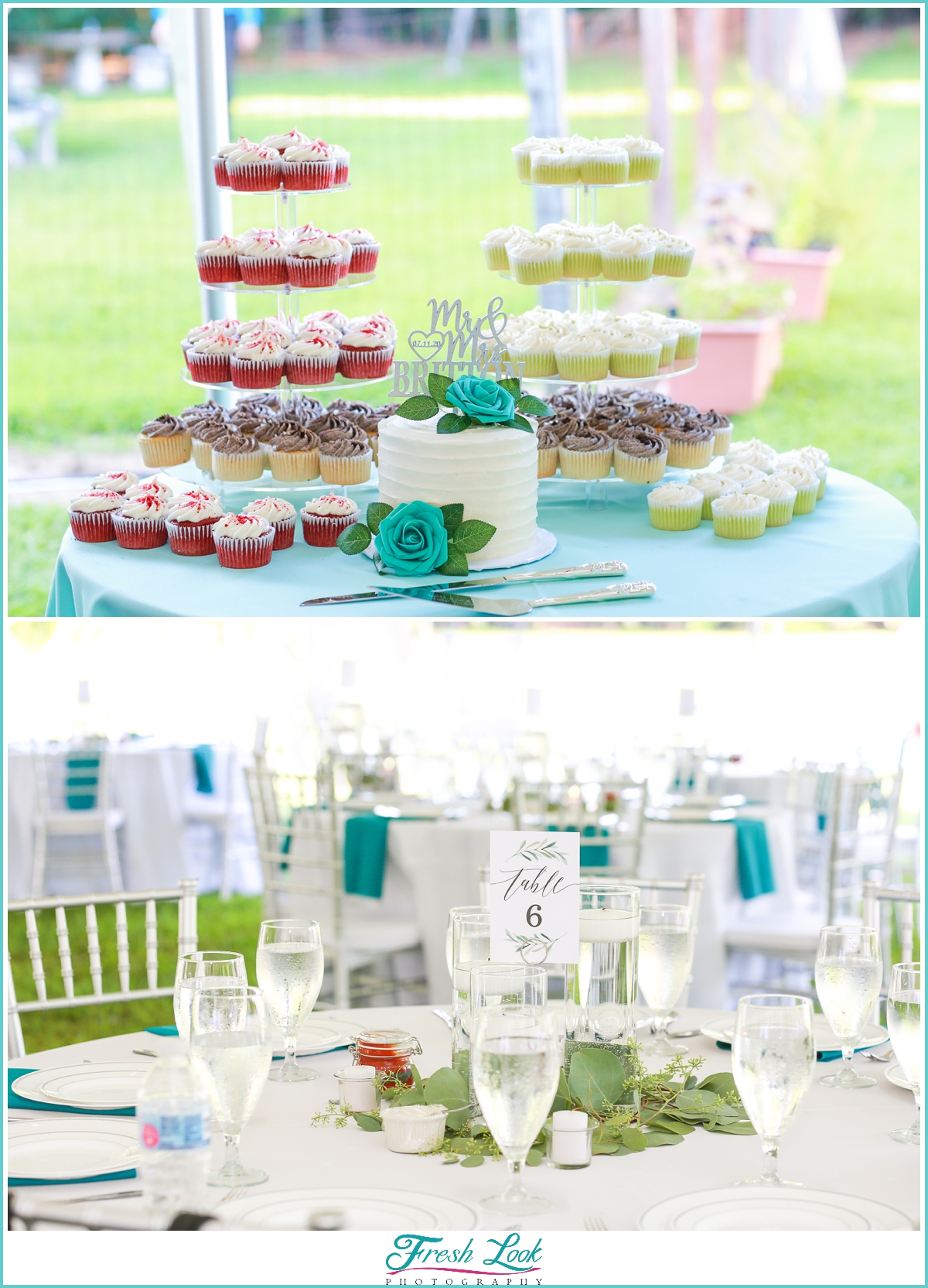 wedding cake and cupcakes