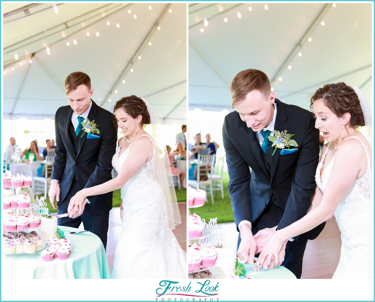 bride and groom cutting the cake