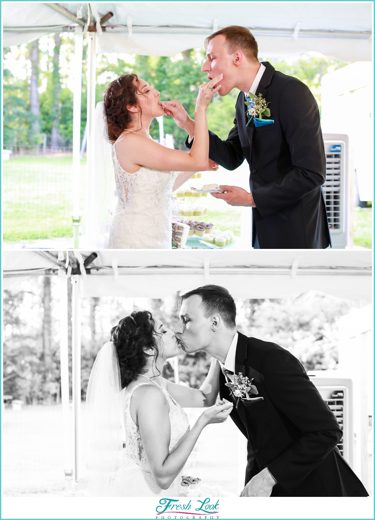 feeding each other cake at the reception