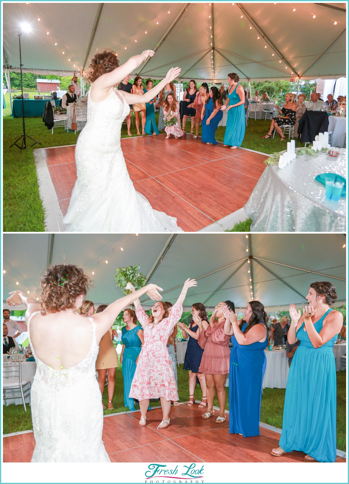 bouquet and garter toss at reception