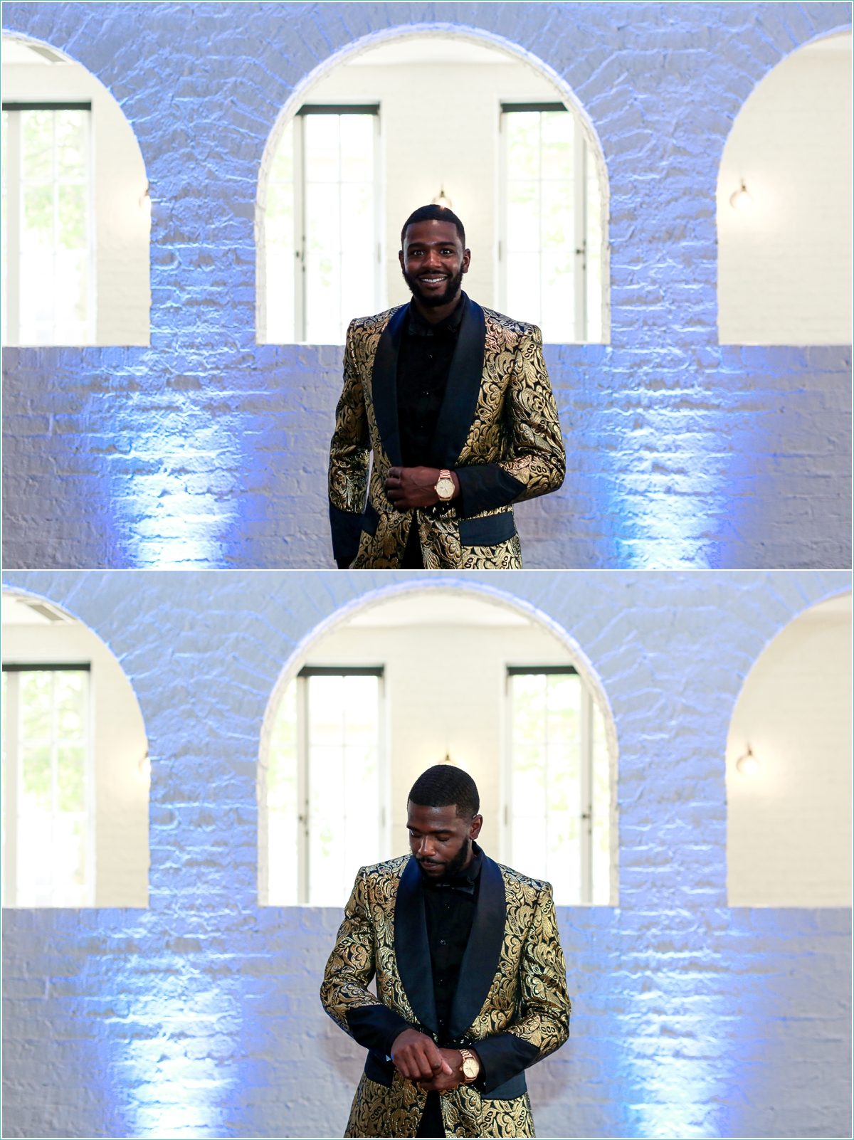 groom wearing unique gold tuxedo