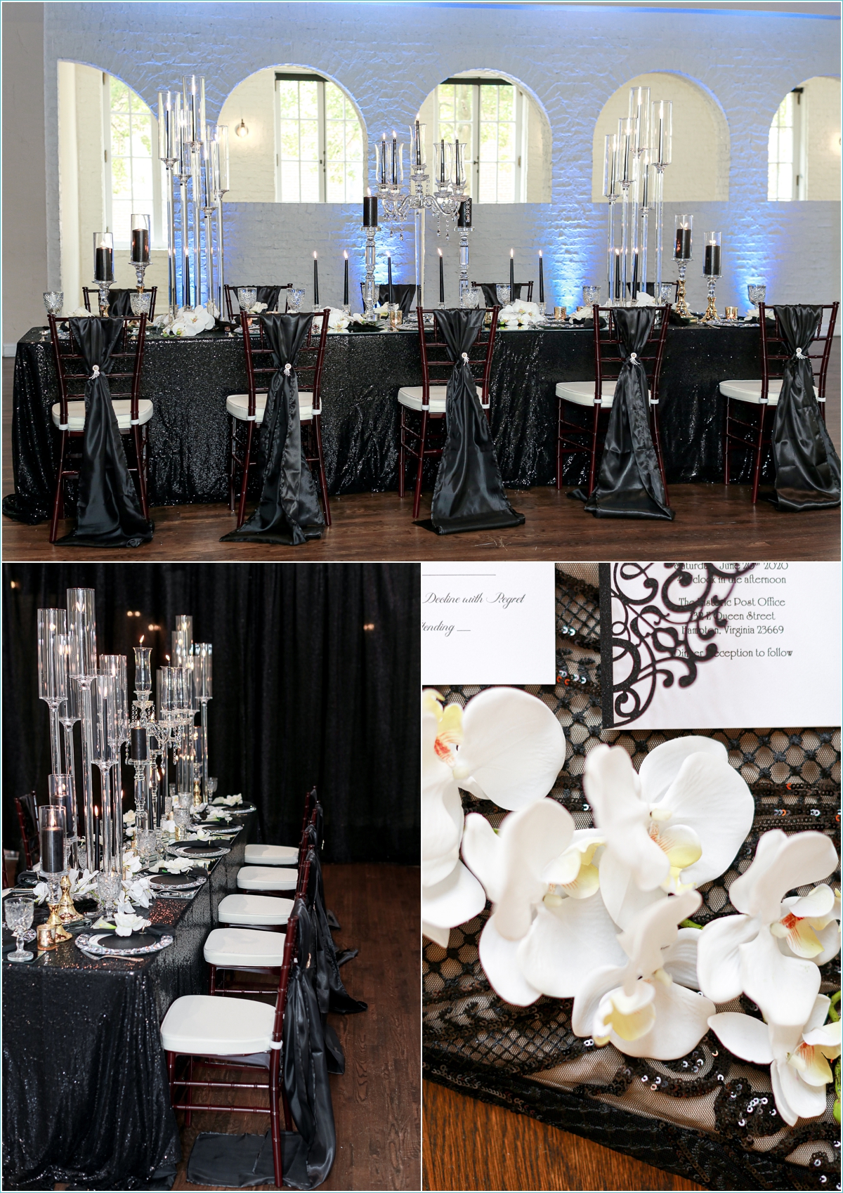 Black and crystal wedding reception decor