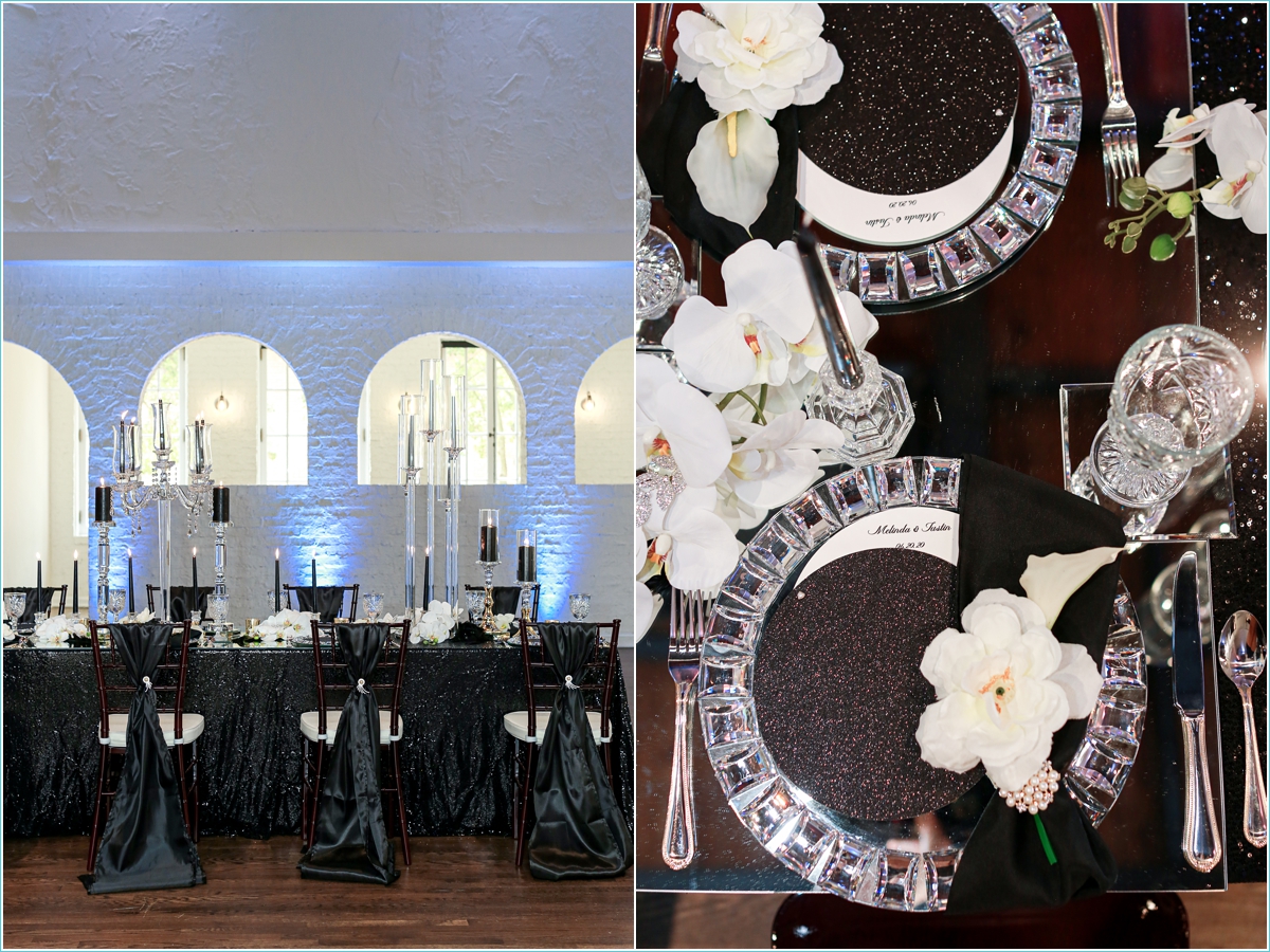 crystal and black wedding reception