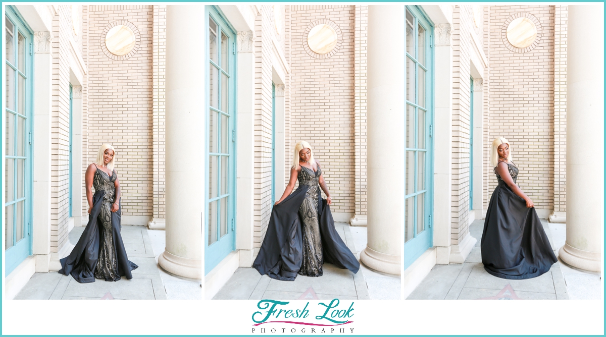 bride twirling in black wedding dress