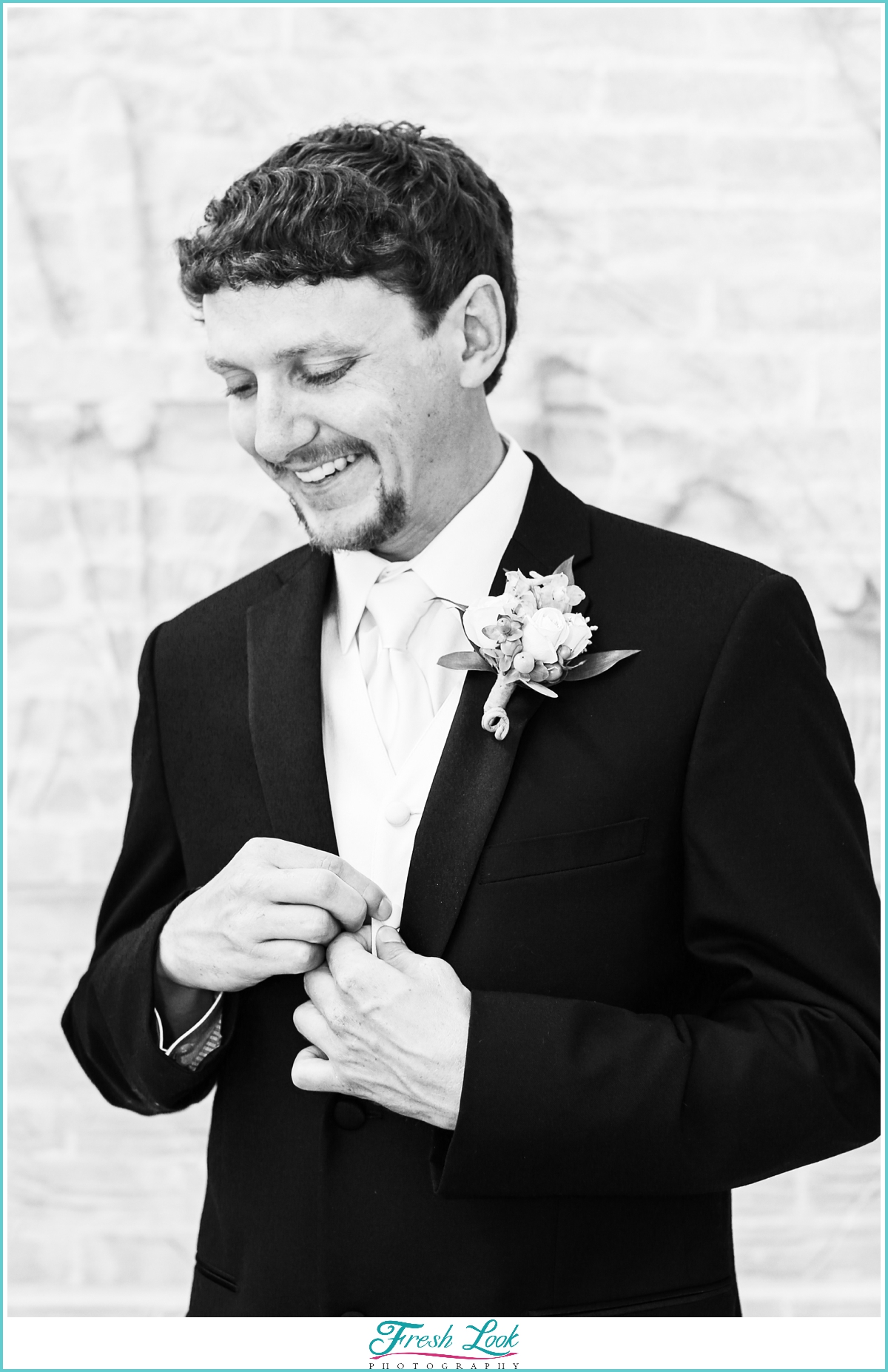 black and white groom portrait