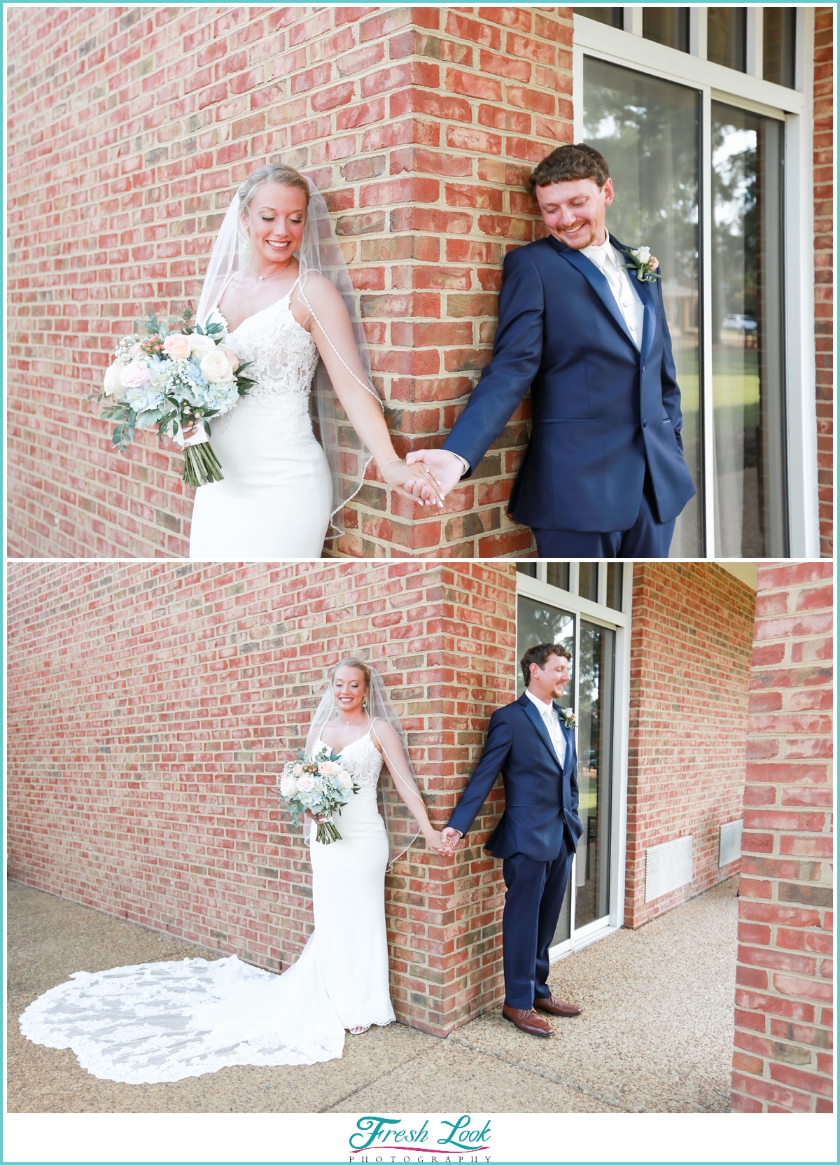 hand holding around the corner on the wedding day