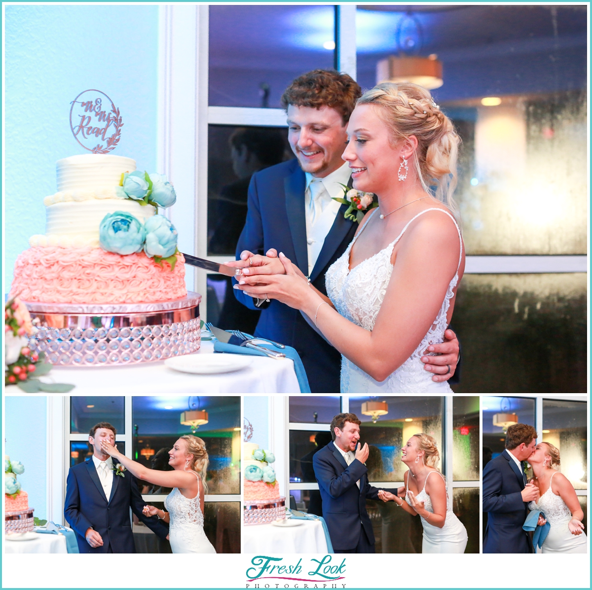 bride and groom cutting the cake