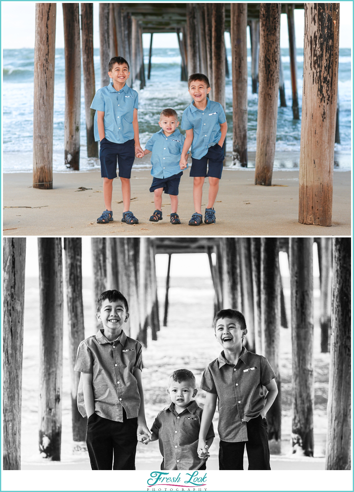 boys playing under the pier