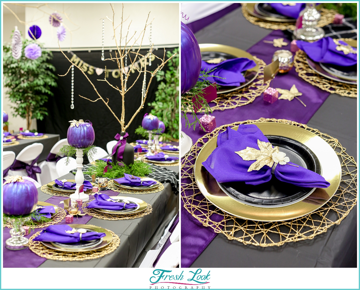 Purple and gold bridal shower decor