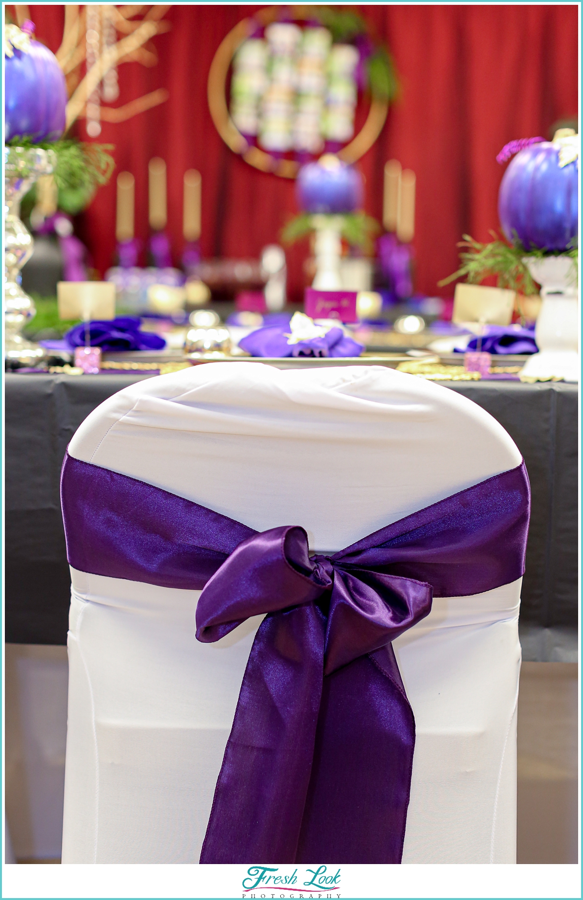 purple chair bow at reception