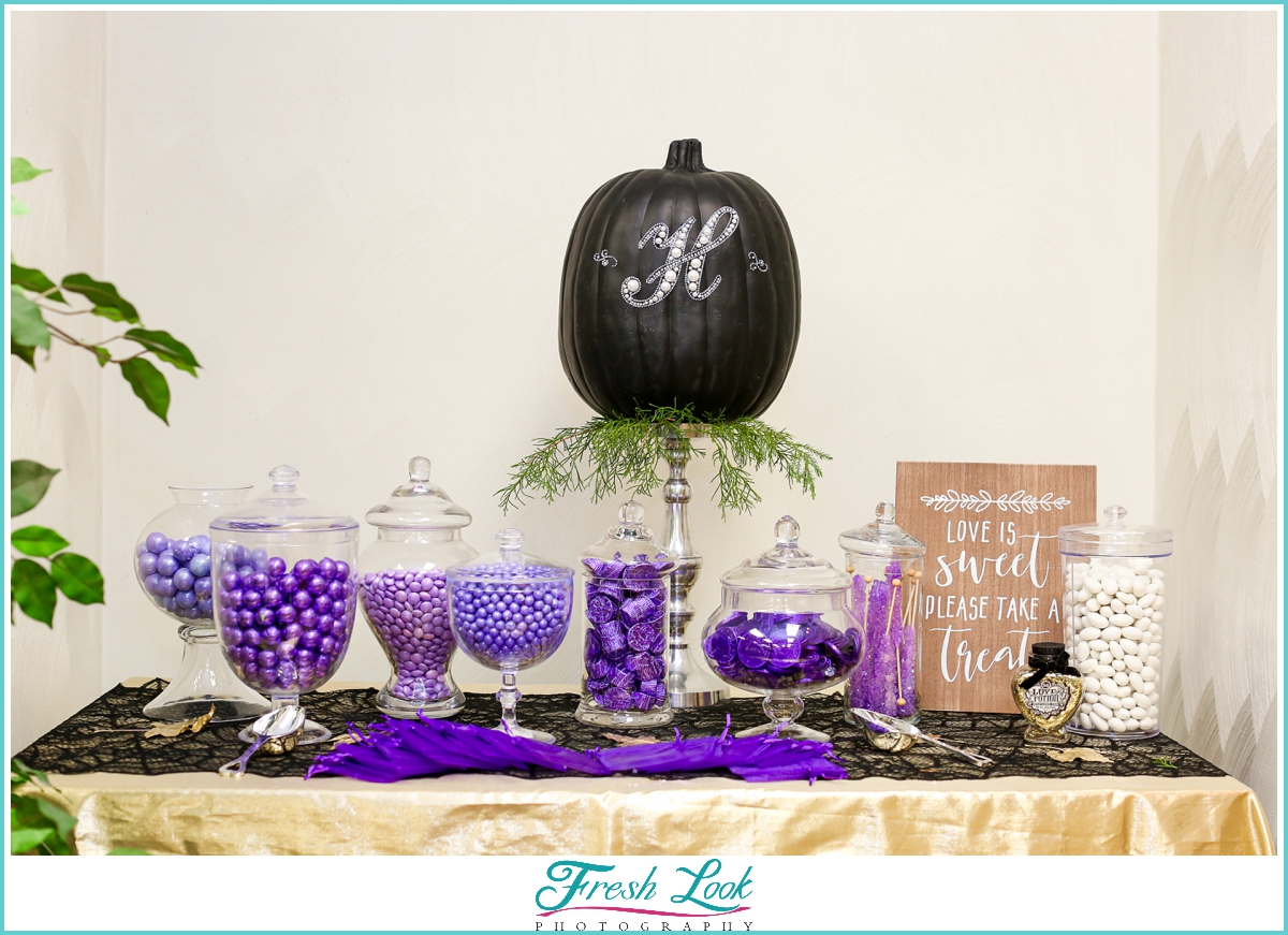 Purple and gold candy buffet