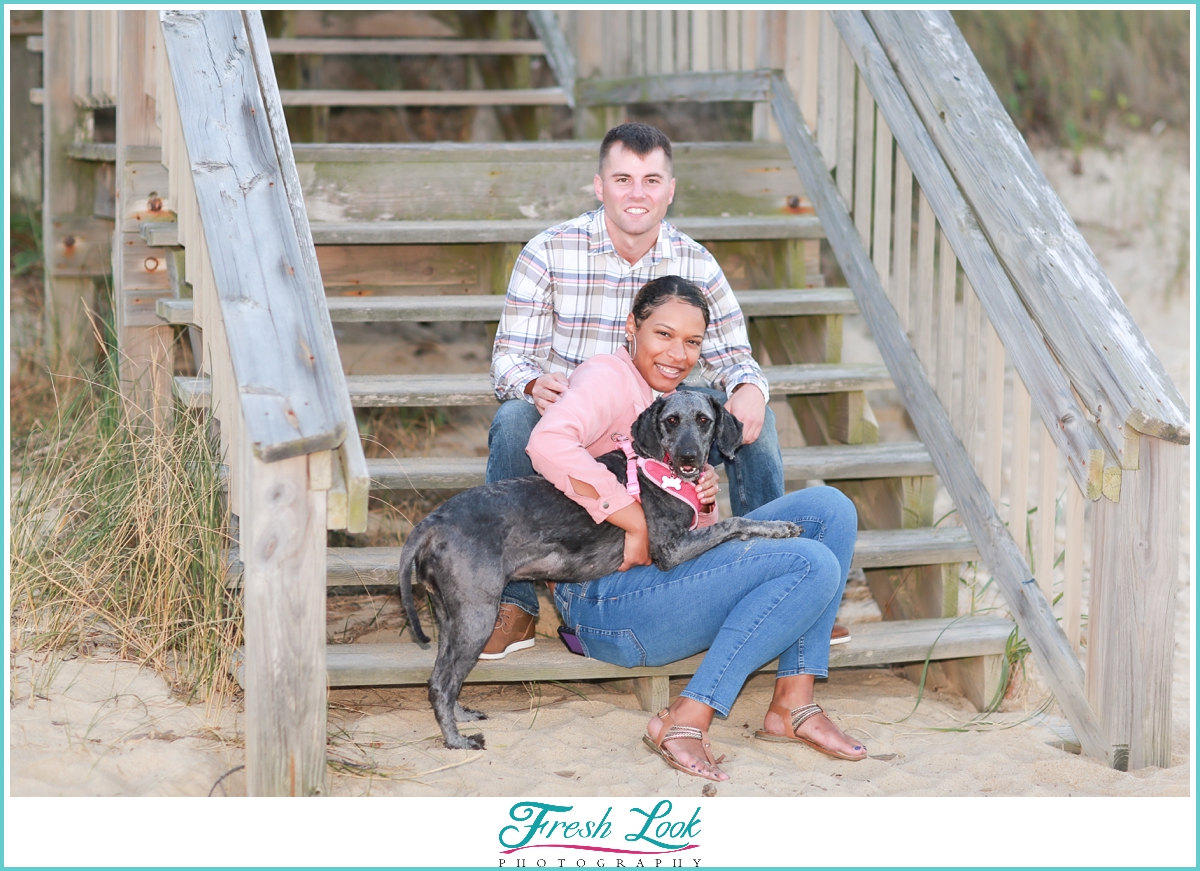 Couple sitting on the beach with their dog