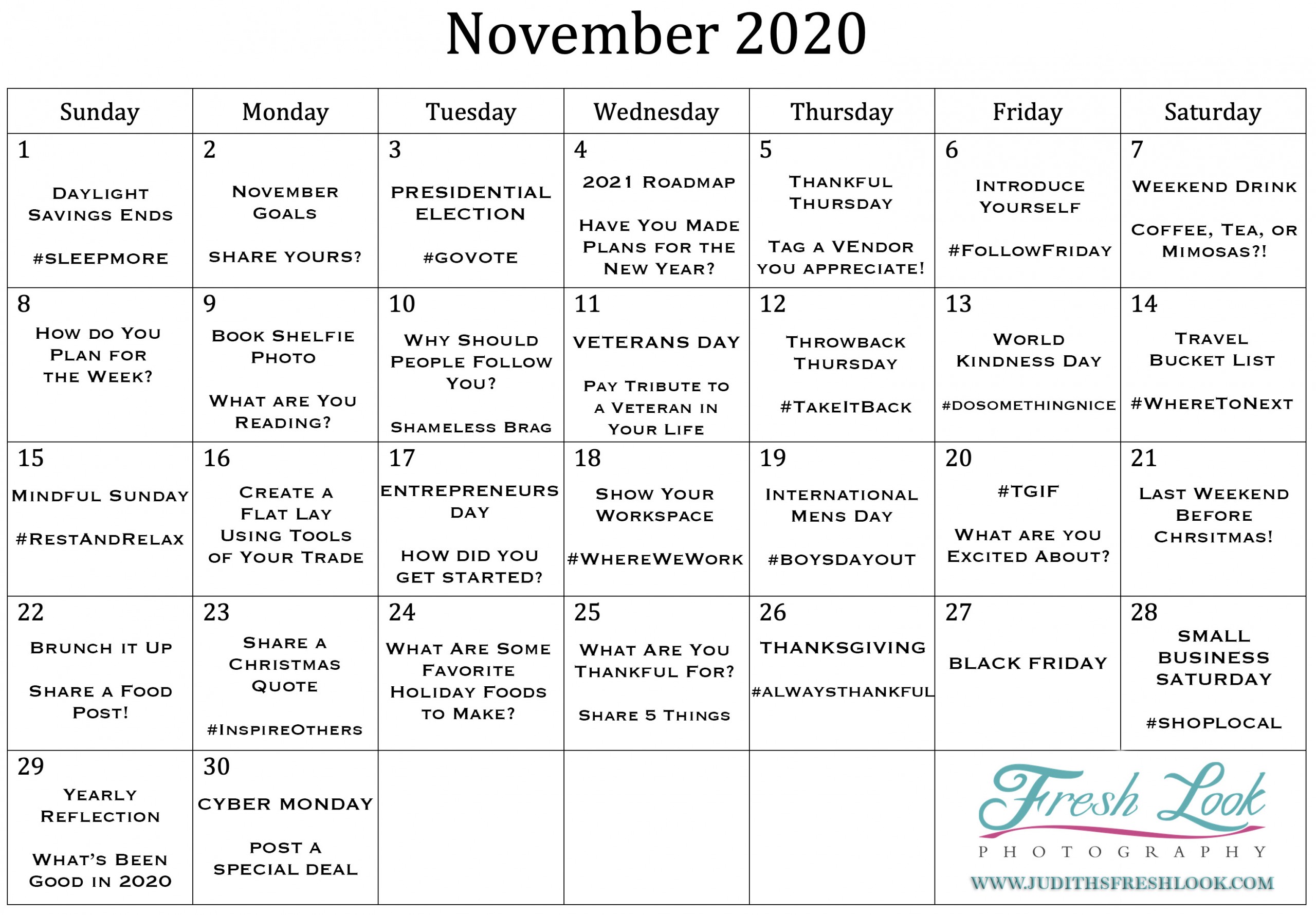 November 2020 Goals Social Media Calendar