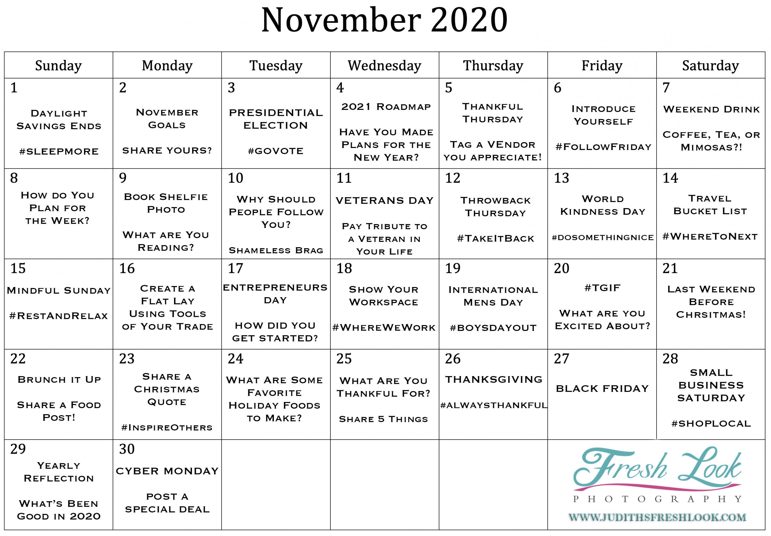 November 2020 Goals Social Media Calendar