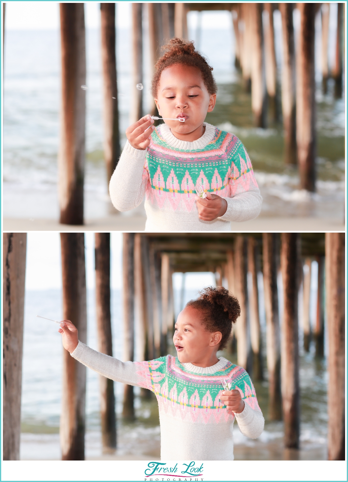 blowing bubbles on the beach