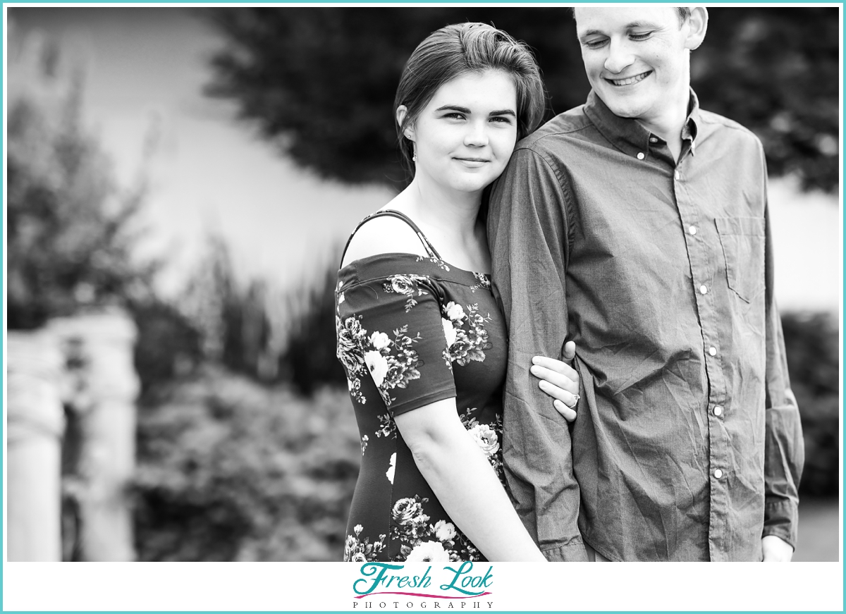 black and white engagement photo