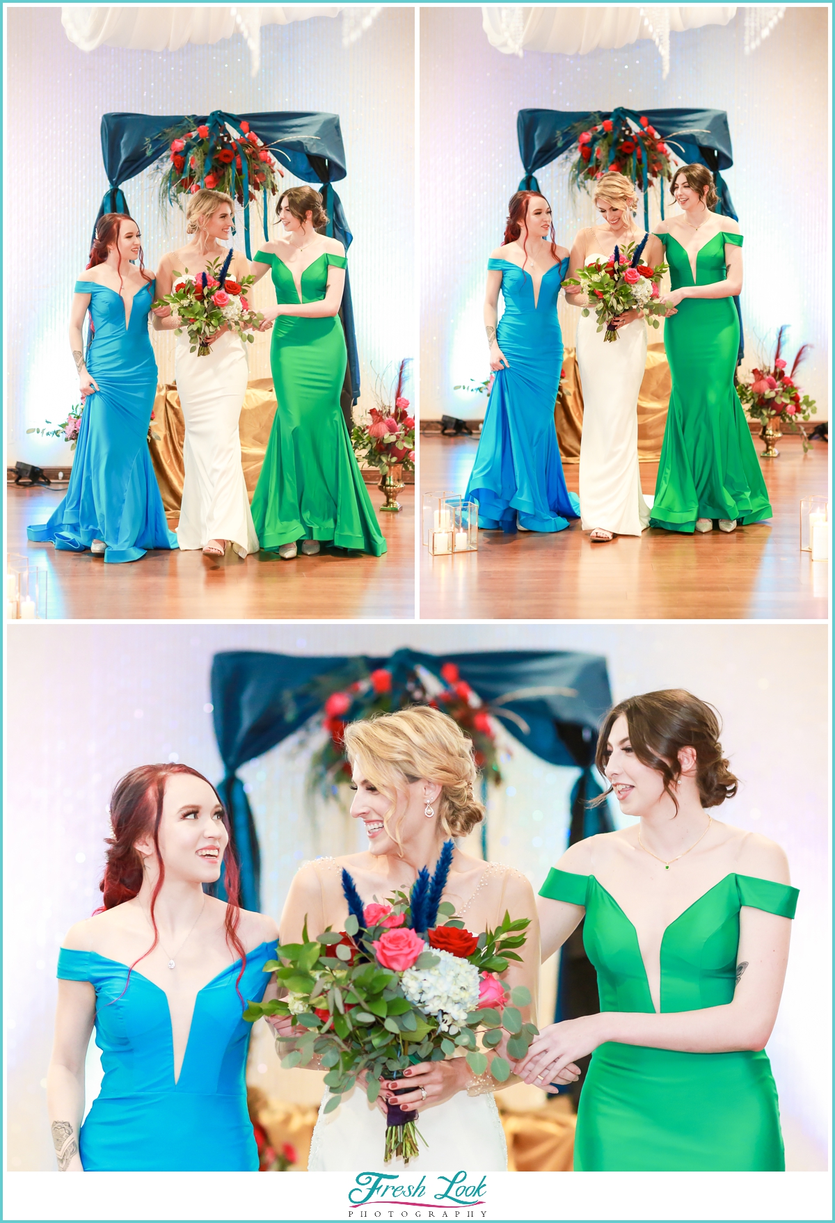 bride and bridesmaids wearing jewel toned gowns