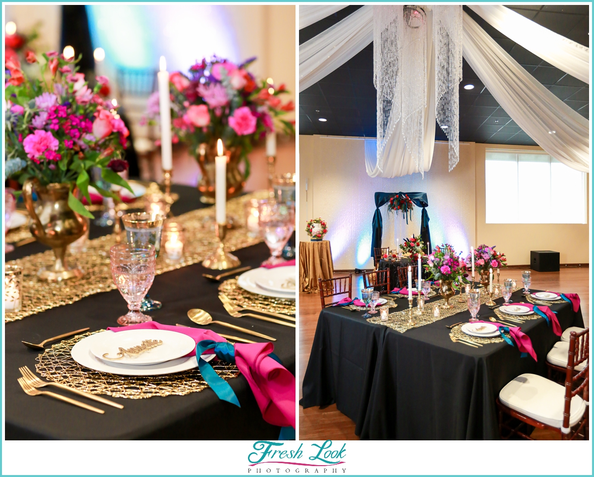 Jewel toned wedding reception decor