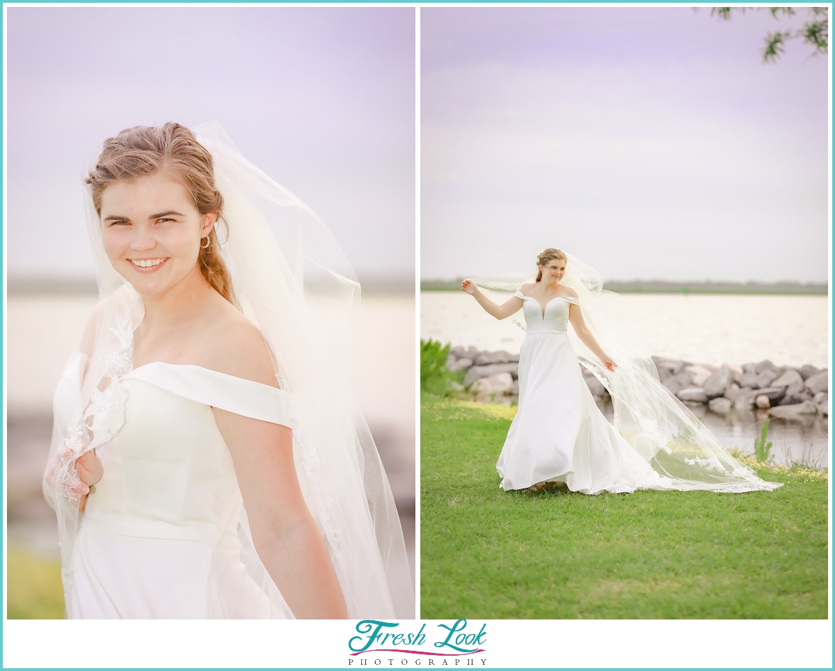 fun bridal portraits by the water