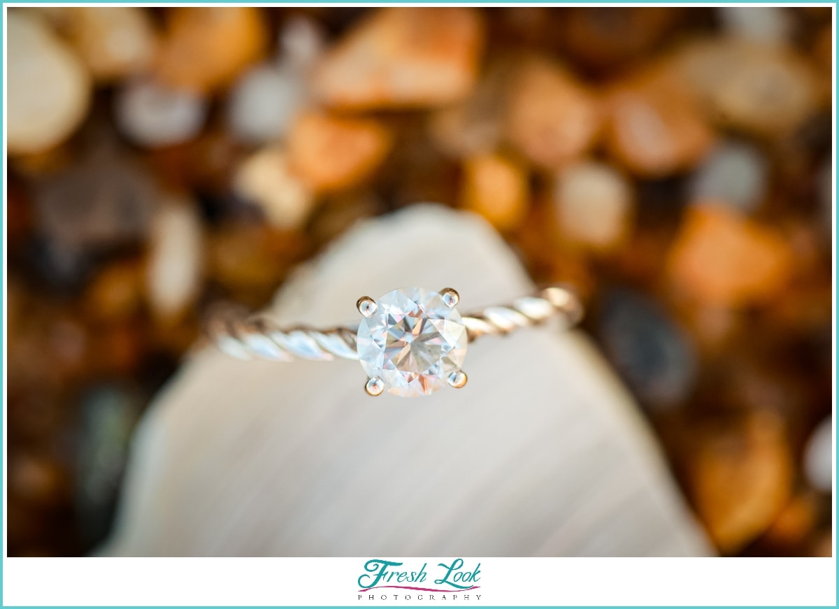 diamond engagement ring on shell