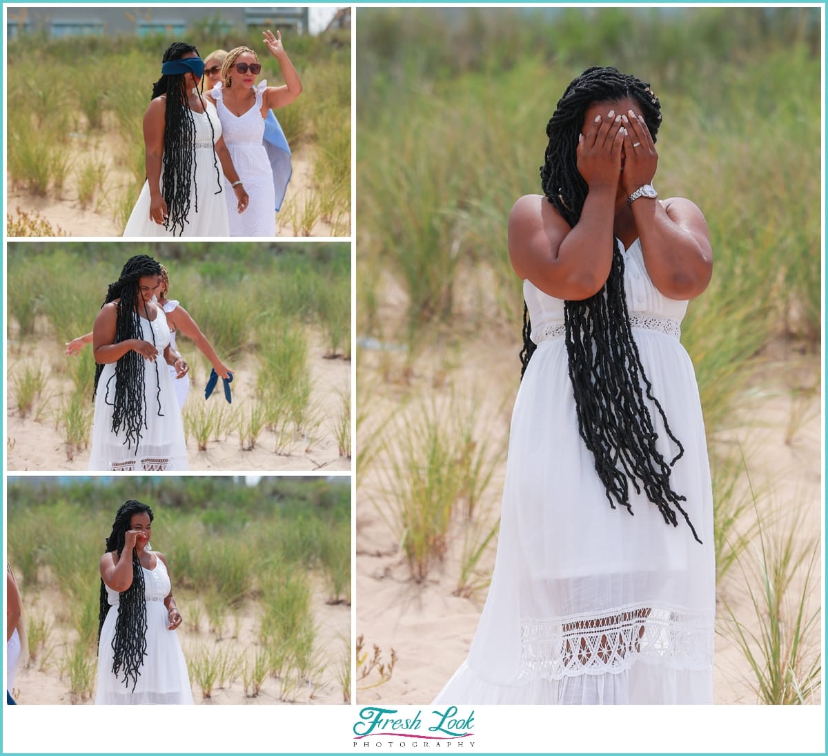 bride being surprise on the beach