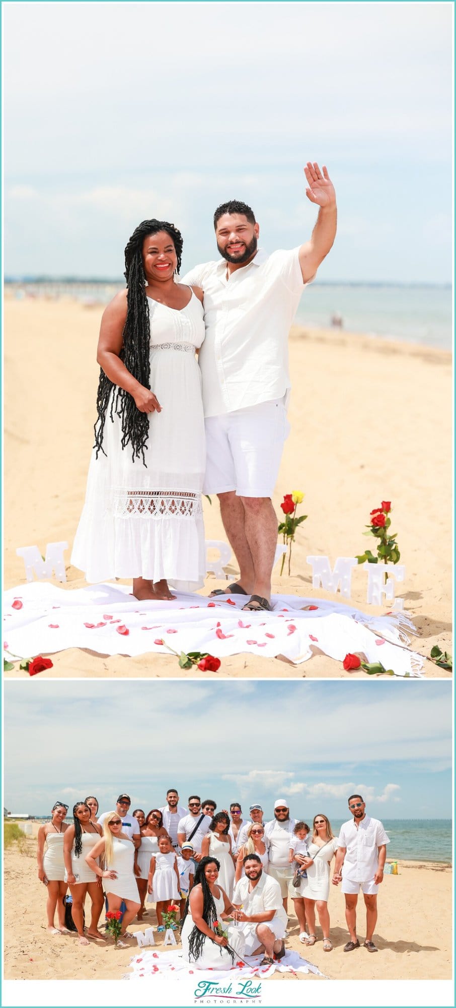 family and friends at Surprise beach proposal