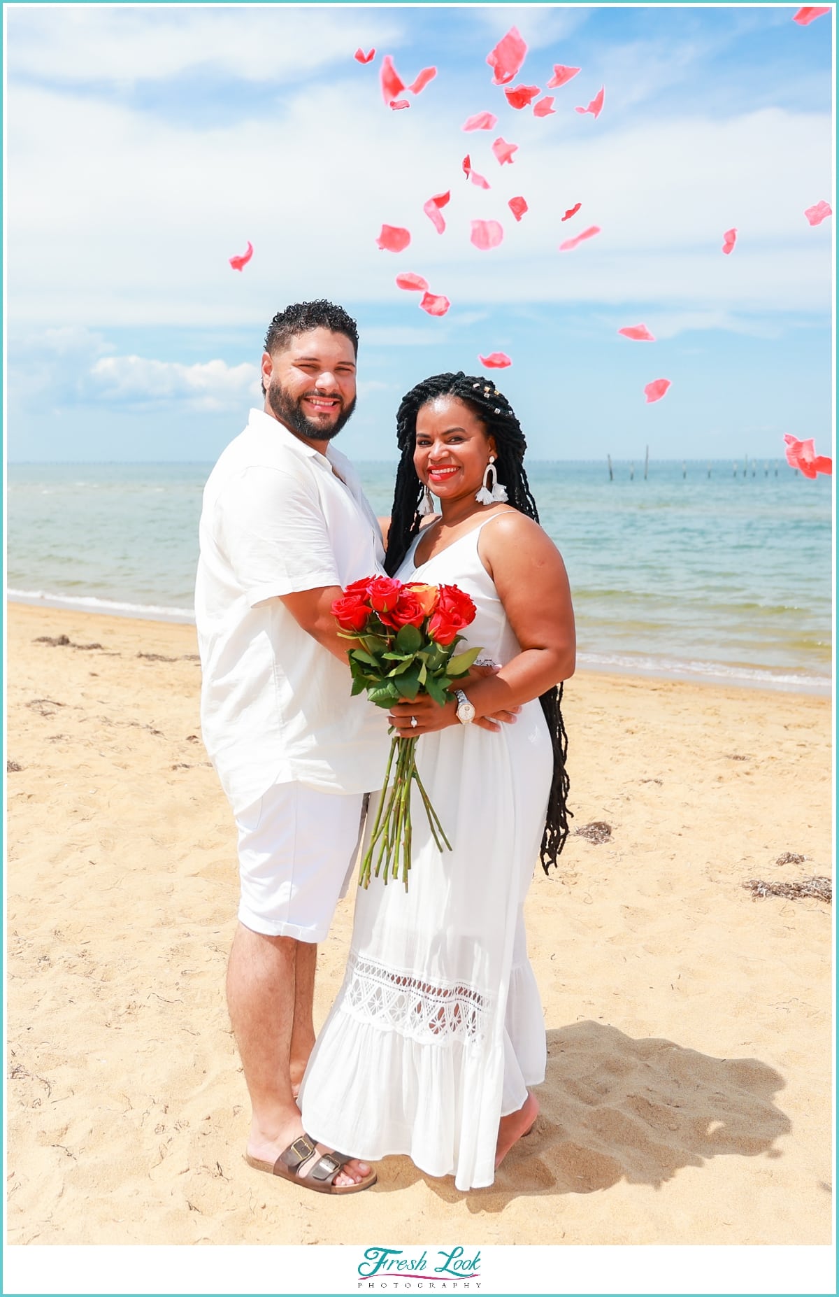 Rose petals at beach photoshoot